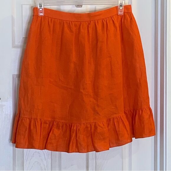J. Crew 100% Linen Ruffle Hem Faux Wrap Mini Skirt Citrus Poppy Orange Size 10 - Picture 6 of 12